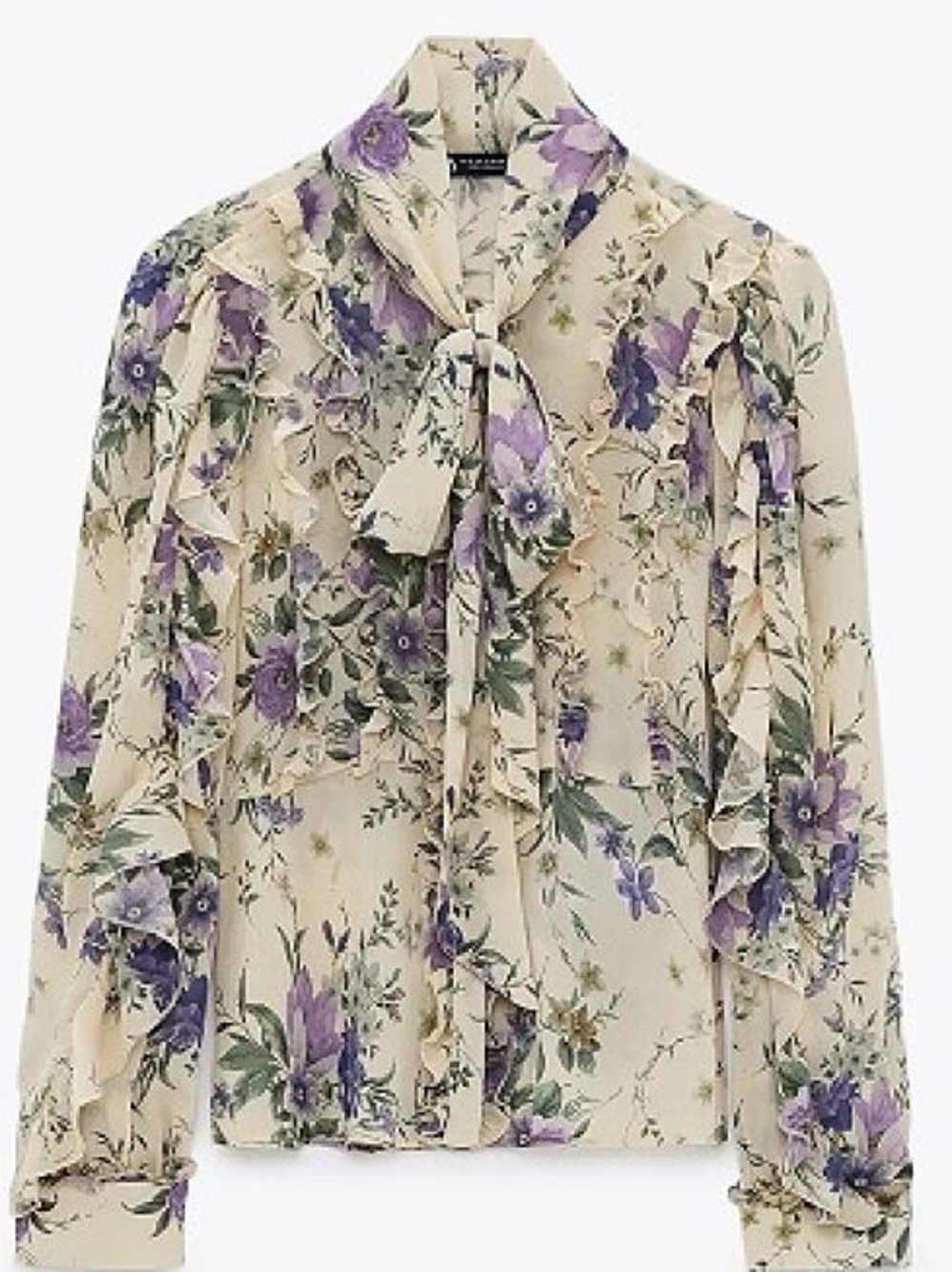 Zara Cream Floral Tie-Neck Ruffle Blouse with Purple Accents